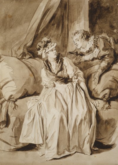 Kirje tai espanjalainen keskustelu, c. 1778 (sivellin ja ruskea muste ruskealla pesulla ja grafiitti norsunluupaperilla) tekijältä Jean Honore Fragonard