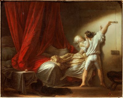Romanttinen kohtauslukko kuvaa nuorta miestä, joka estää emäntänsä poistumasta makuuhuoneesta sängyssä. Jean-Honore Fragonardin (1732-1806) maalaus 1700-luvulta. Himmeä. 0,73x0,93 m. tekijältä Jean Honore Fragonard