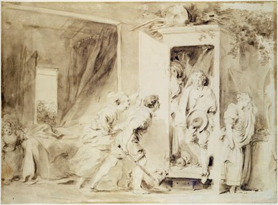 Yllättynyt rakastaja, 1755 (ruskea lyijykynä liidun päällä alustava piirustus) tekijältä Jean Honore Fragonard