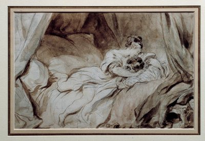 Onnellinen hetki Pari silitti toisiaan sängyssä. Jean Honore Fragonardin (1732-1806) piirustus Bistre Washissa 1700-luvun yksityinen kokoelma tekijältä Jean Honore Fragonard