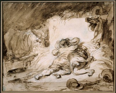 Talli A Pariskunta syleilee heinäsuovasta. Jean Honore Fragonard (1732-1806) Parisin piirros pesussa. Musee Cognacq Jay tekijältä Jean Honore Fragonard