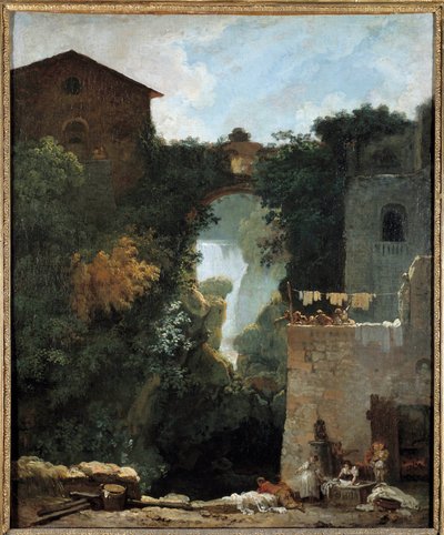 Tivoli Des lavandieresin vesiputoukset vesiputousten maisemassa. Jean-Honore Fragonardin (1732-1806) maalaus 1700-luvun aurinko. 0,72x0,6 m. tekijältä Jean Honore Fragonard