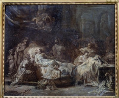 Tahtoperhe yhdistyi vanhan miehen ympärille tuskalla sanelemassa tahtoaan. Jean Baptiste Fragonardin (1732-1806) valmistelupiirustus 1700-luvun Reims, Musee des Beaux Arts tekijältä Jean Honore Fragonard