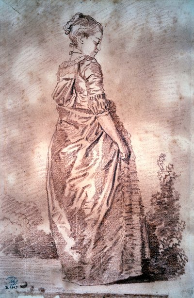 Jean Honore Fragonardin nuori nainen kävelemässä verta piirtäen tekijältä Jean Honore Fragonard