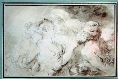 Nuoret tytöt painivat satyyrin kanssa Nuoret naiset pitävät hauskaa satyyrin parran kanssa. Jean Honore Fragonardin (1732-1806) piirustus Bistre Washissa 1700-luvun yksityinen kokoelma tekijältä Jean Honore Fragonard