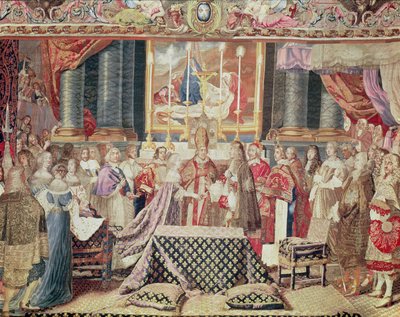 Kuninkaan häät (Louis XIV), Lebrunin sarjakuvasta "Kuninkaan historia", Gobelins Tapestry, kudottu korkealoimipuilla (villaa, silkkiä ja kultaa) tekijältä Jean II Jans