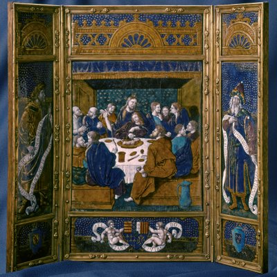 Viimeinen ehtoollinen, Tryptic, emali Limoge, n.1545 (emali cloisonne). tekijältä Jean I Pénicaud