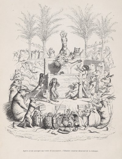 Hyväksyttyään lasillisen makeaa vettä kuuluisa puhuja laskeutuu alas pl..., n. 1837-47. tekijältä Jean Ignace Isidore Gérard