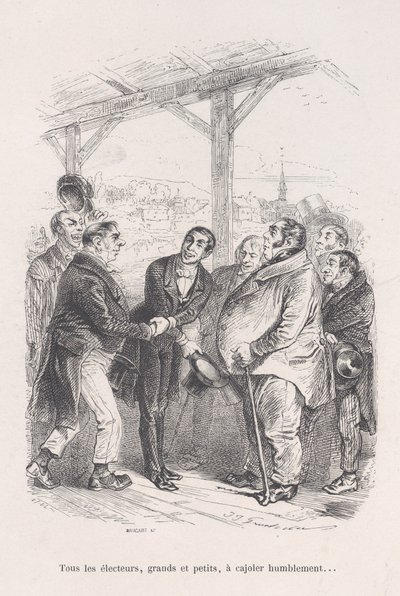 Kaikki äänestäjät, suuret ja pienet, kokoontuvat nöyrästi houkuttelemaan toisiaan... Pienistä kurjista, 1843. tekijältä Jean Ignace Isidore Gérard
