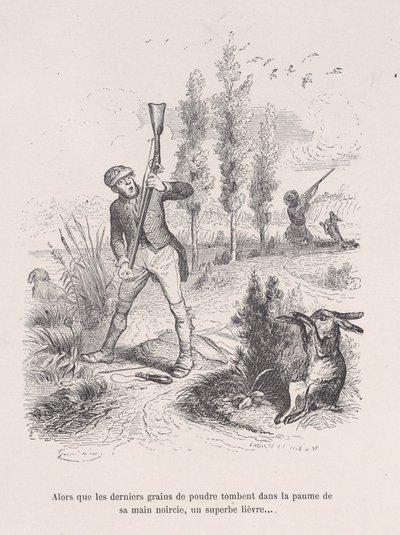 Kun viimeiset jauheen jyvät putoavat hänen mustuneen kätensä kämmenelle, upea jänis... fr..., 1843. tekijältä Jean Ignace Isidore Gérard