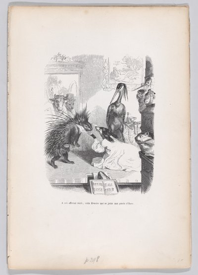 Tässä pelottavassa tarinassa Zemire heittäytyy Azorin jalkojen juureen Scenes from the ..., ca. 1837-47. tekijältä Jean Ignace Isidore Gérard