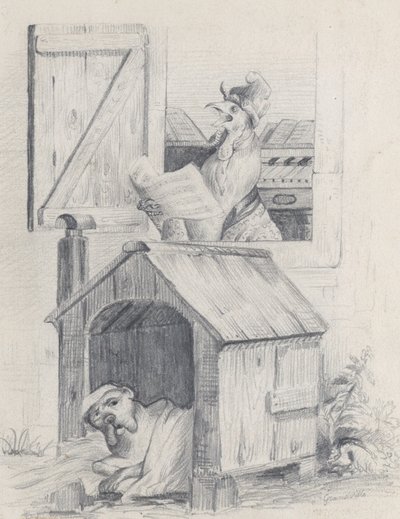 Koira koirakodissa, kukko laulaa ikkunassa, n. 1842. tekijältä Jean Ignace Isidore Gérard