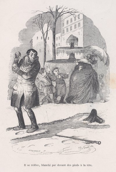 Hän nousee ylös päästä varpaisiin lumen peitossa. Ihmiselämän pienistä kurjista, 1843. tekijältä Jean Ignace Isidore Gérard