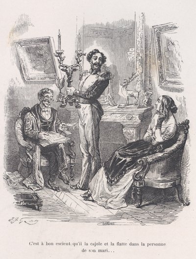 On hyvä, että hän houkuttelee ja imartelee häntä miehensä edessä. Pikku Miseristä..., 1843. tekijältä Jean Ignace Isidore Gérard