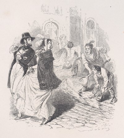 Vain kaikkialla on vesihanoja, minkä tahansa muotoisia kastelukannuja, minkä tahansa kokoisia lapioita ja kattiloita..., 1843. tekijältä Jean Ignace Isidore Gérard