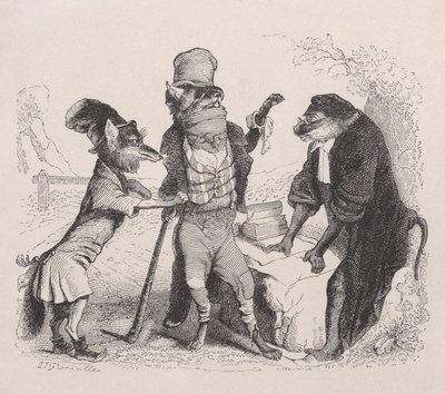 Susi vetoaa Kettua vastaan Apinan edessä, n. 1838. tekijältä Jean Ignace Isidore Gérard