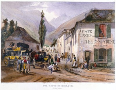 Stagebussin saapuminen ja korjaus Luziin tiellä Barregesiin, n. 1840 tekijältä Jean Jacottet