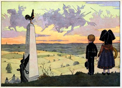 Kyläni, ne, jotka eivät unohda:Taistelukenttä (Geisbergin muistomerkki, jossa kaksi Spinner-lasta poseeraa Hansille); tekijältä Jean Jacques (1873 1951) Waltz