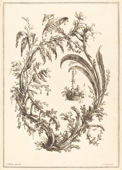 Ornamentti aurinkovarjolla ja riippukorilla tekijältä Jean Jacques Avril I after Jean Baptiste Pillement