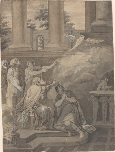Pallas Athene Nestorin ja Telemachuksen lähtevän linnun muodossa tekijältä Jean Jacques François Le Barbier I