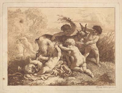 Les petits moissonneurs et la chevre Nuoret sadonkorjuukoneet ja vuohi, albumissa Cont..., 1782. tekijältä Jean Jacques Lagrenee