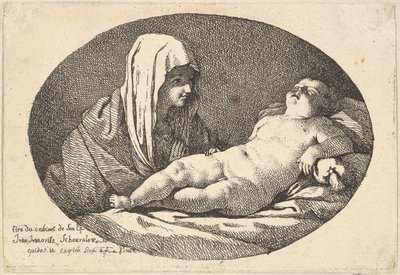 Vasemmalla oleva Neitsyt katselemassa Kristus-lapsen hänen nukkuvan, soikea sävellys, ..., 1760-63 jälkeen. tekijältä Jean Jacques Lagrenee