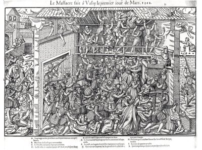 Duc de Guisen joukkojen suorittama protestanttiväestön joukkomurha Wassy-sur-Blaisessa 1. maaliskuuta 1562, kaivertaja Jacques Tortorel (1568-92). tekijältä Jean Jacques Perrissin