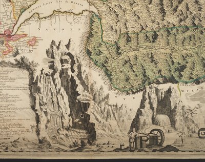 Uusi Sveitsin maantieteellinen kartta, jossa on kuuluisimmat ja voimakkaimmat kantonit ja uudistetun uskonnon Tigurina, Bern, Glarus, Basel, Scafusiana, apotti Cellana, yksityiskohta, n. 1712 (käsinvärinen painatus) tekijältä Jean Jacques Scheuchzer