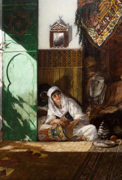 Haremin sisätilat Marokossa, yksityiskohta: nainen soittaa derboukaa. tekijältä Jean Joseph Benjamin Constant