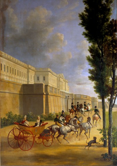 Napoleonin (1769-1821) ja Marie Louisen (1791-1847) lähtö metsästykseen Compiegnessa vuonna 1811 Joseph Bidaultin (1758-1846) maalaus 1811 su. 2,1x0,9 m Pariisi, Musee Marmottan tekijältä Jean Joseph Bidault