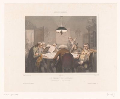 Seitsemän miestä lukemassa pöydässä Le cabinet de lue / Lukuklubi / Das lesecabinet (otsikko esineessä) Kuvaukset erityistehtävistä (sarjan nimi) Musée omnibus (sarjan nimi esineellä) tekijältä Jean Julien Jacott