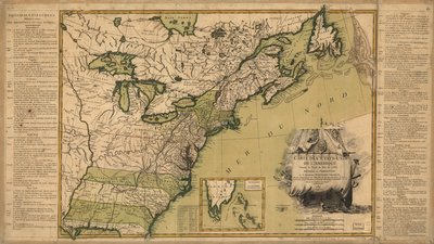 Kartta Amerikan yhdysvalloista vuoden 1783 rauhansopimuksen jälkeen. tekijältä Jean Lattré
