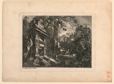 Arkkitehtoninen fantasia haudalla ja raunioilla, lautanen "Giovan Inventione Ruins. Loren, Legeay Architet. Itse veistetty Lucessa 1768" tekijältä Jean Laurent Legeay