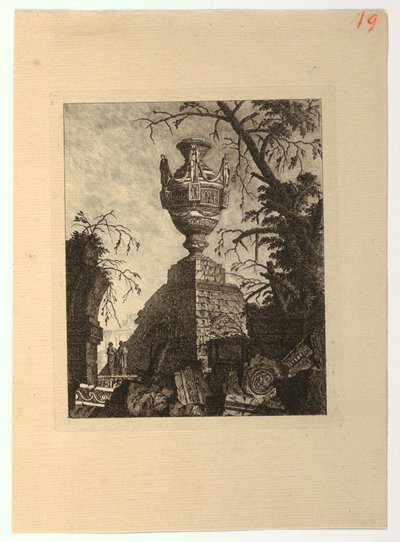 Pyramidi, jonka päällä on monumentaalinen maljakko, "Kokoelma erilaisia ​​maljakoita, hautoja, raunioita ja suihkulähteitä, hyödyllisiä taiteilijoille..." tekijältä Jean Laurent Legeay