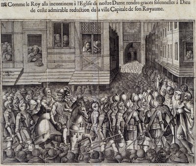 Henrik IV:n (1553 - 1610) esittely Pariisissa 22. maaliskuuta 1594 ja menossa Cathedrale de Notre Dameen messuun - Jean Leclerin kaiverrus Bolleryn jälkeen, Musee de Notre Dame de Paris tekijältä Jean Leclerc