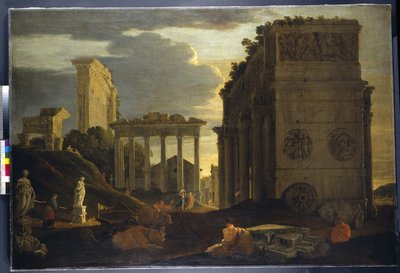 Capriccio-näkymä hahmoilla voittokaaren vieressä ja Saturnuksen ja Jupiter Tonansin temppeleillä (öljy kankaalle) tekijältä Jean Lemaire