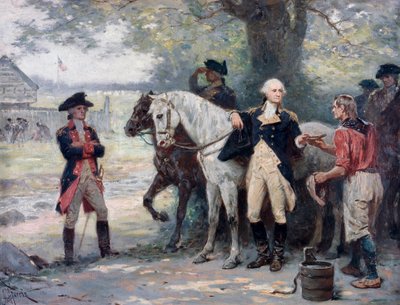 Yhdysvaltain itsenäisyyssota (1775-1783): George Washington (1732-1789) puolimatkassa Brookiin, lähellä Mannerheimin armeijan sotilasleiriä, nuori mies tuo hänelle juotavaa - Jean Leon Gerome Ferrisin (1863-1930 ) maalaus. tekijältä Jean Leon Gerome