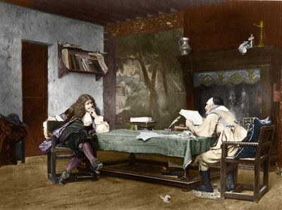 Kirjailijat Jean-Baptiste (Jean Baptiste) Poquelin dit Moliere (1622-1673) ja Pierre Corneille (1606-1684). 1800-luku (litografia Jean-Leonin (Jean Leon) Geromen maalauksen jälkeen) tekijältä Jean Leon Gerome