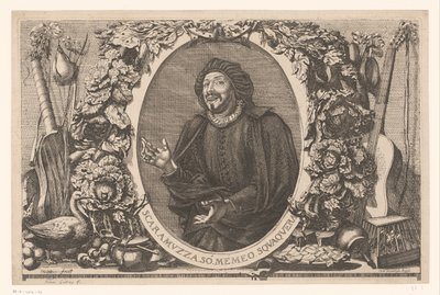 Portret van Tiberio Fiorilli in de rol van Scaramuccia (Scaramouche) tekijältä Jean Lepautre (attributed to)