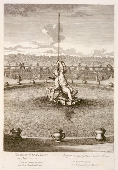 Louis Lerambertin suunnittelema suihkulähde, jossa Cupid ampuu vesisuihkunuolella, Versaillesissa, 1677 tekijältä Jean Lepautre