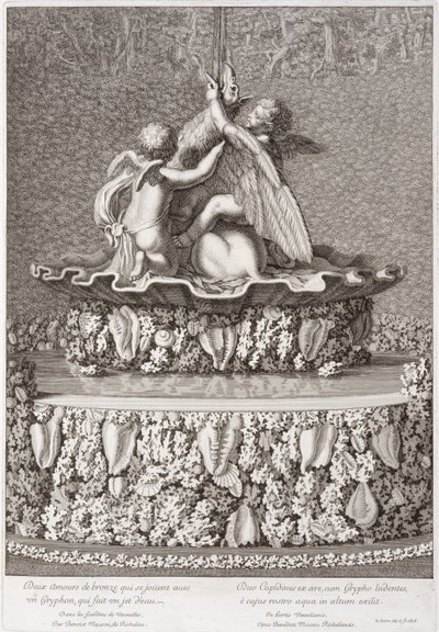 Suihkulähde, jossa kaksi amoria leikkimässä grifonilla, Benoit Massou, Versailles, 1676 tekijältä Jean Lepautre