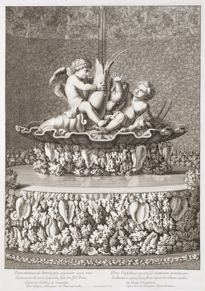 Suihkulähde, jossa on kaksi rapulla ratsastavaa kuppikuntaa, Jacques Houseaun suunnittelema, Versailles, 1677. tekijältä Jean Lepautre