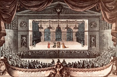 Jean Baptiste Poquelin dit Moliere Versaillesissa "Le malade imaginaire" (Imaginary Invalid) (värillinen kaiverrus) tekijältä Jean Lepautre