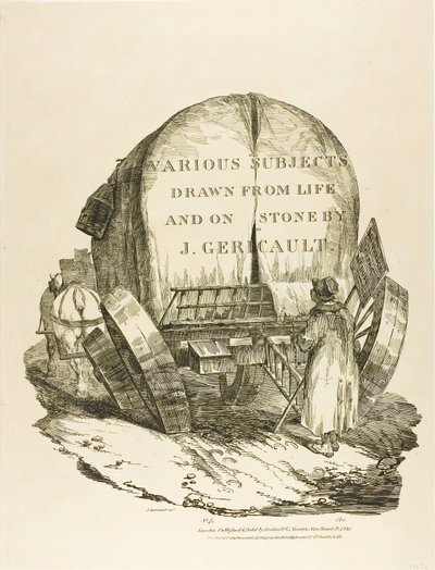 A Horse-Drawn Wagon (Hevosvetoinen vaunu), otsikkosivu eri aiheisiin, jotka on piirretty elämästä ja kivestä (The English Suite). tekijältä Jean Louis André Théodore Géricault