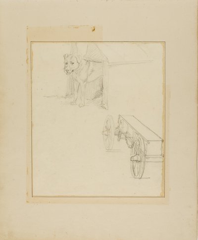 Koira seisoo koirankopissa ja ammuskelukärryn tutkimus tekijältä Jean Louis André Théodore Géricault