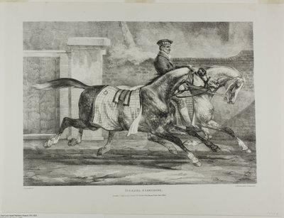 Hevoset harjoittelemassa, levy 6 eri aiheista, jotka on piirretty elämästä ja kivestä (The English Suite). tekijältä Jean Louis André Théodore Géricault