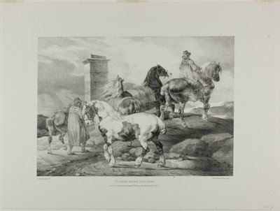 Hevoset menossa messuille, levy 3 eri aiheista, jotka on piirretty elävästä elämästä ja kivestä (The English Suite). tekijältä Jean Louis André Théodore Géricault