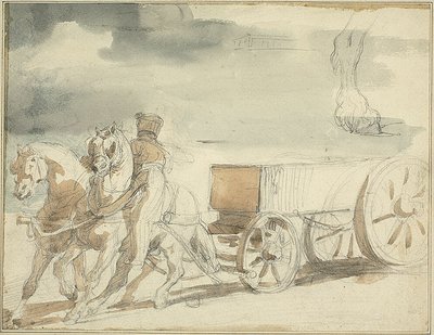Kahden hevosen vetämät ammuskärryt tekijältä Jean Louis André Théodore Géricault
