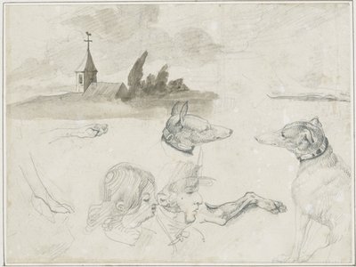 Luonnosarkki: Greyhounds; Mies- ja naispuolinen pää vuonna tekijältä Jean Louis André Théodore Géricault