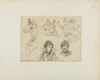 Luonnosarkki: Ratsastajat, merenneitoja ja kaksi muotokuvaa nuorista miehistä. tekijältä Jean Louis André Théodore Géricault